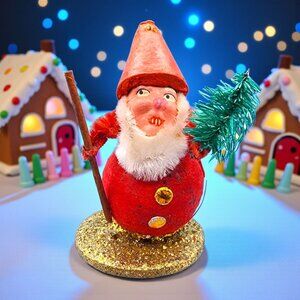 Vintage 1950s Putz Santa Elf Red Spun Cotton Cone Hat Bottlebrush Tree Japan